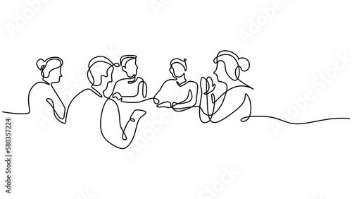 Business meeting continuous line drawing. Group of people woman and man talking and discussing a project.