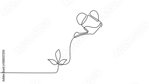 Watering plant continuous line drawing