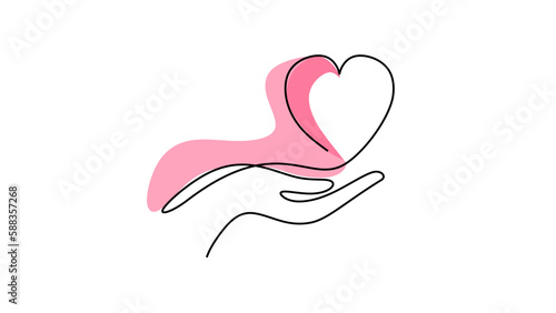 One line drawing of love heart symbol on hand.