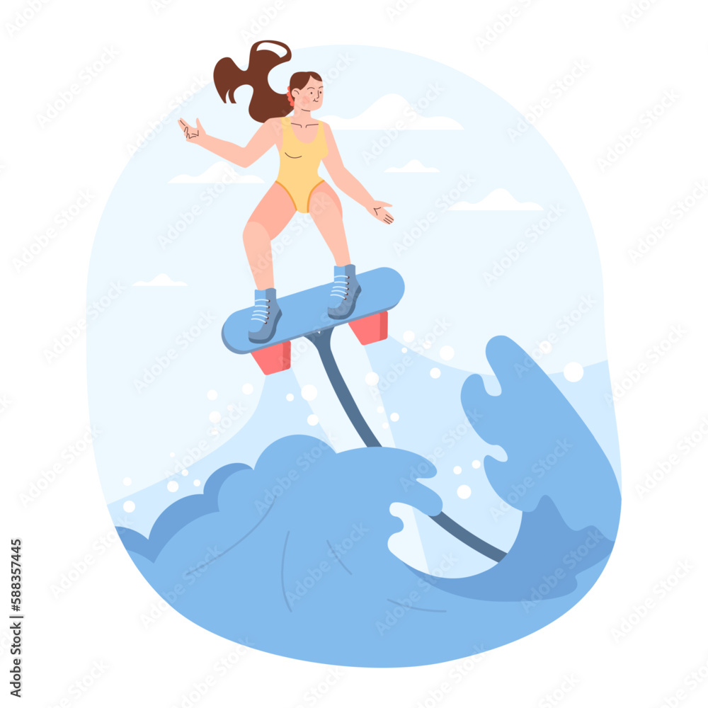 Summer beach activity. Character in a swim shorts flyboarding in the sea
