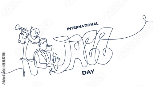 International jazz day, people blowing trumpet. Musician performing art. Continuous line drawing of music players.