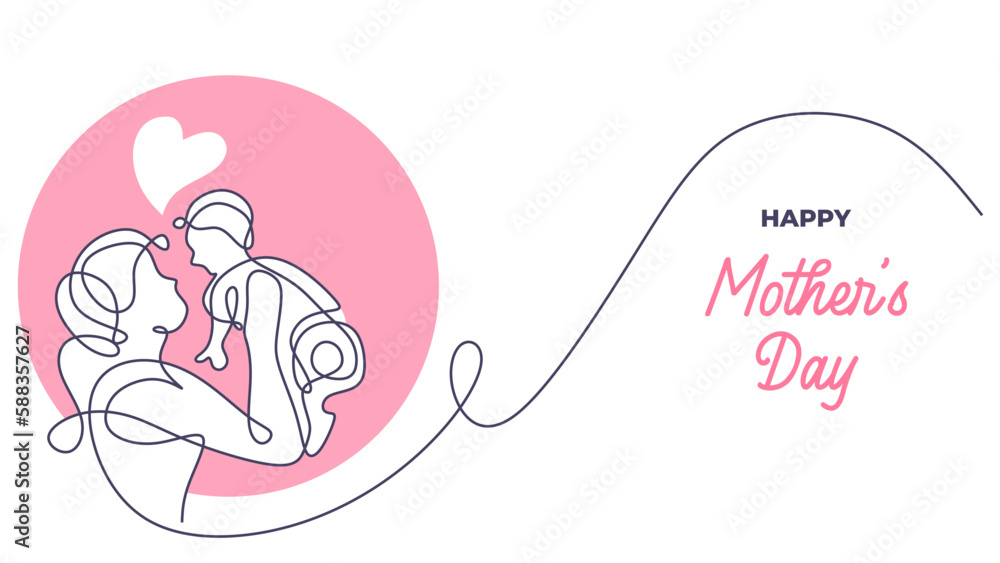 Happy Mother day vector. Continuous one line art drawing. Woman hold her baby with celebration text illustration. Motherhood and kid silhouette sketch.