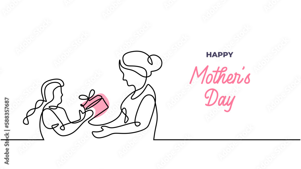Happy mothers day banner. Young daughter give a gift for her mother. Continuous one line drawing, Kid and mom motherhood concept vector illustration. Happy mothers day banner. Young daughter give a gift for her mother. Continuous one line drawing, Kid and mom motherhood concept vector illustration.