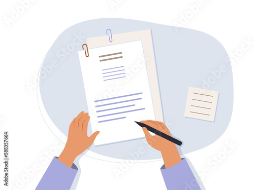 Hands holding a document and a pen. Survey, quiz, to-do list or deal concept. Vector illustration in flat style.