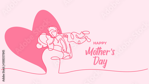 Continuous line drawing mothers day vector banner card. Mother with baby in happy moment. Celebration design pink colors background.
