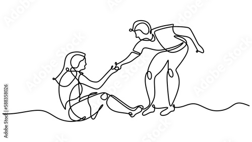 Act of kindness one line drawing. Man help fallen girl. Continuous hand drawn vector sketch.