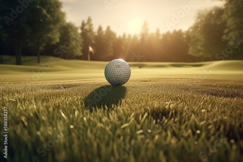 Close-Up of Golf Ball on Green with Flag in Hole, Generative AI