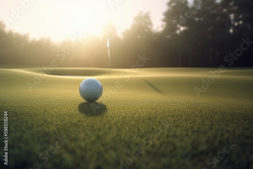 Close-Up of Golf Ball on Green with Flag in Hole, Generative AI