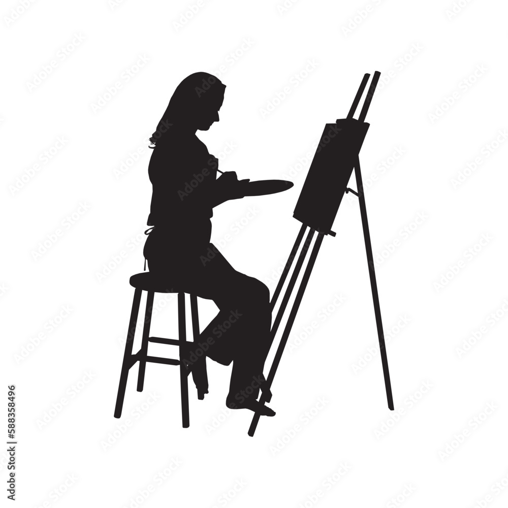 Vector silhouette in black color of a woman drawing