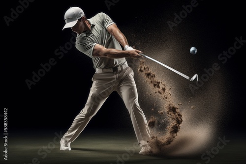 Golf Swing Action: Golfer Hitting Ball on Tee with Iron Club