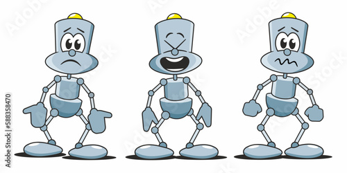 kleiner Comic Roboter zeigt Emotionen, traurig und unsicher