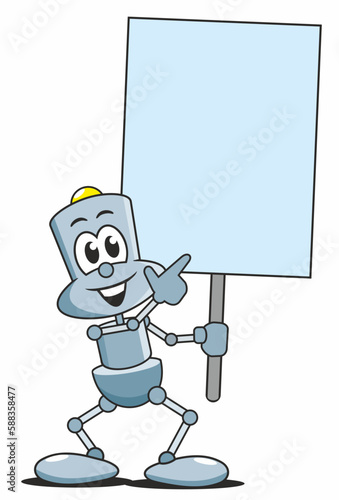 kleiner Roboter im Comicstil hält eine Tafel hoch