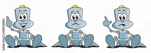 Cartoon, kleiner Roboter sitzt, verschiedene Emotionen