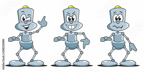 kleiner Comic Roboter zeigt Emotionen, grinst und zwinkert