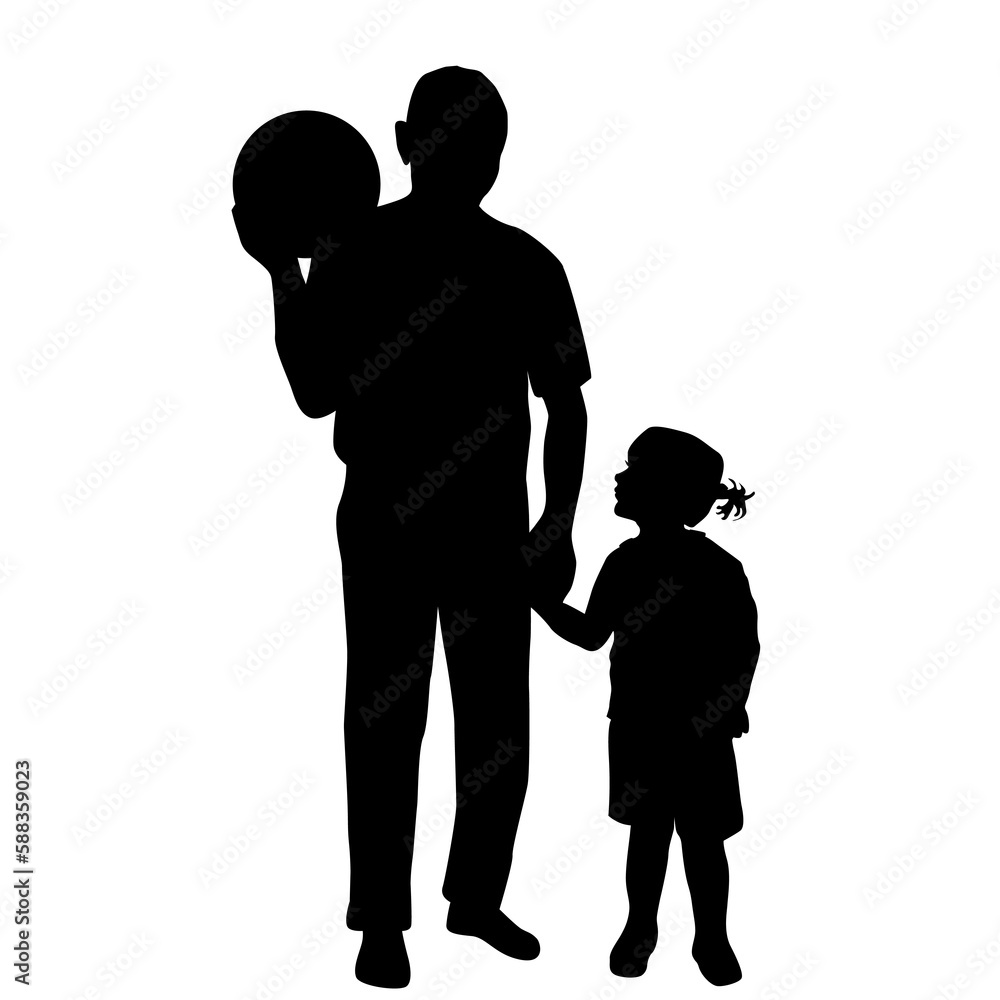 Silhouettes of father and his daughter playing with a ball