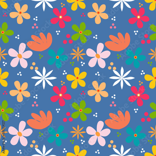 Simple seamless pattern with flowers on blue background 