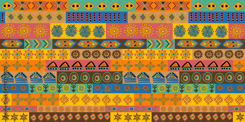 African seamless pattern with colored symbols and motifs