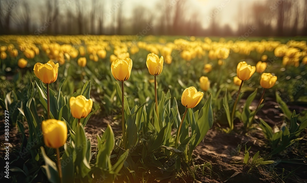 Obraz premium Yellow tulips in a summer or spring field, generative AI