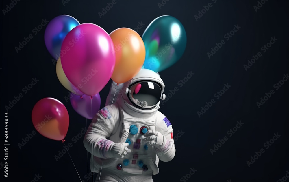 Astronaut with playful balloon mouse ears, presenting a whimsical side against a deep, void-like backdrop, juxtaposing space and fun. Astronaut with playful balloon mouse ears, presenting a whimsical side against a deep, void-like backdrop, juxtaposing space and fun.