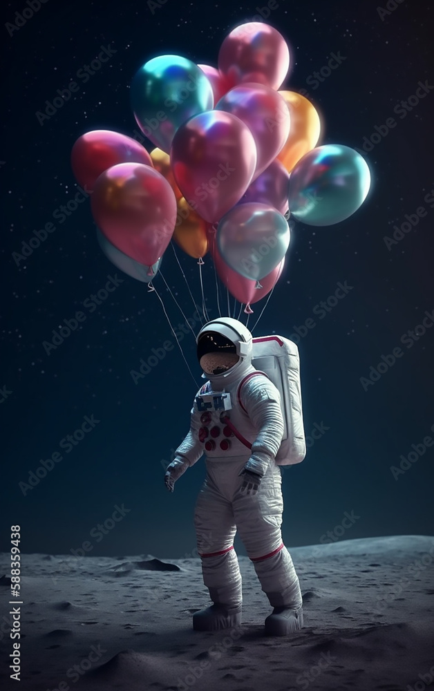An astronaut, tethered to multicolored balloons, stands against the backdrop of a starry sky and moon craters, blending whimsy with science. An astronaut, tethered to multicolored balloons, stands against the backdrop of a starry sky and moon craters, blending whimsy with science.