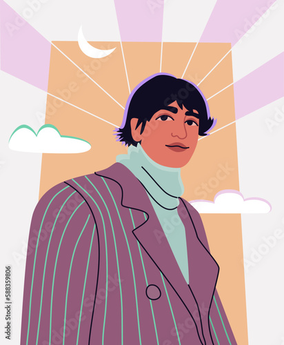 Young, handsome man portrait with dreamy like background. Cartoon character. Positive masculinity concept. 