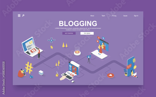 Blogging concept 3d isometric landing page template. People write articles, recording video and create different content for posts in online blog. Vector illustration in isometry graphic design.