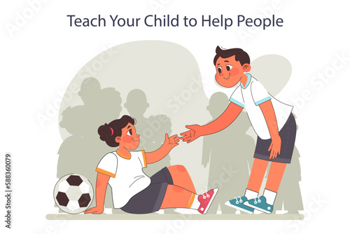 Parenting advice. Parents teaching a child to help other people. Little boy