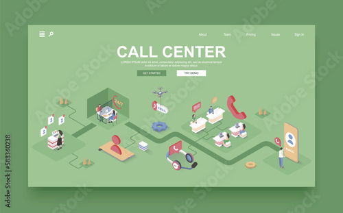 Call center concept 3d isometric landing page template. People work in customer support center, answer calls and messages, help and solve problem. Vector illustration in isometry graphic design.