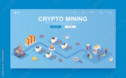 Cryptocurrency mining concept 3d isometric landing page template. People work on amining farm, monitor operation of equipment to receive bitcoins. Vector illustration in isometry graphic design