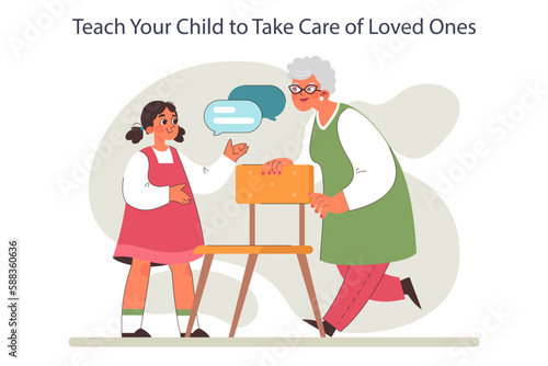 Parenting advice. Parents teaching a child to help other people. Little girl