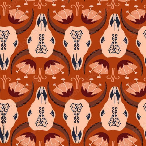 Vector seamless pattern with bull skulls and flowers.