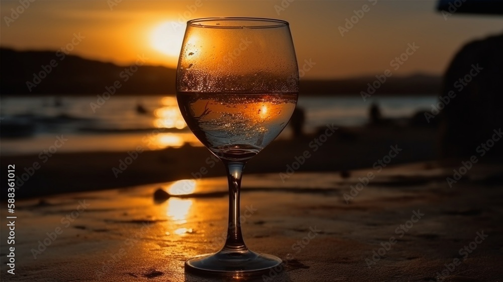 Cocktail on a beach, sea, glass, Generative AI Cocktail on a beach, sea, glass, Generative AI