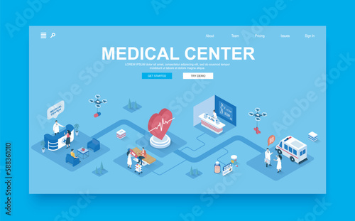 Medical center concept 3d isometric landing page template. People visit hospital, receive consultations from therapist, do tests in laboratory. Vector illustration in isometry graphic design.