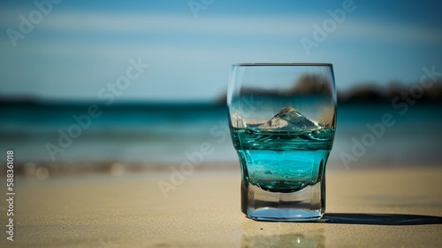 Cocktail on a beach, sea, glass, Generative AI