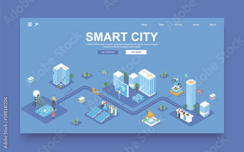 Smart city concept 3d isometric landing page template. People live in skyscrapers with smart automation system and futuristic infrastructure. Vector illustration in isometry graphic design.