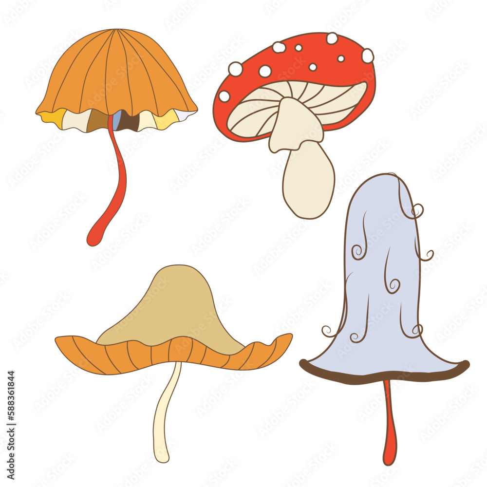 Vector illustration set of mushrooms in groovy style. Funny fly agarics and multicolor toadstools. Isolated retro elements with 70s vibes is perfect for stickers, prints, posters Vector illustration set of mushrooms in groovy style. Funny fly agarics and multicolor toadstools. Isolated retro elements with 70s vibes is perfect for stickers, prints, posters