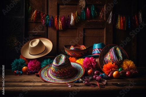 Cinco de Mayo masks and hats carefully arranged on a rustic wooden surface created with Generative AI technology