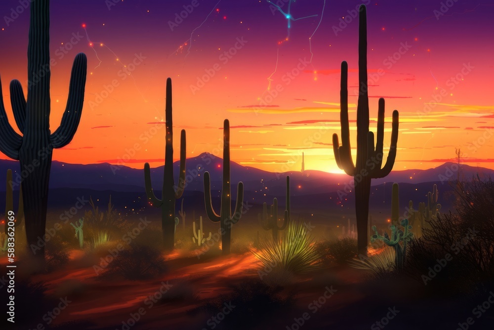 digital painting of a desert landscape at dusk during Cinco de Mayo created with Generative AI technology