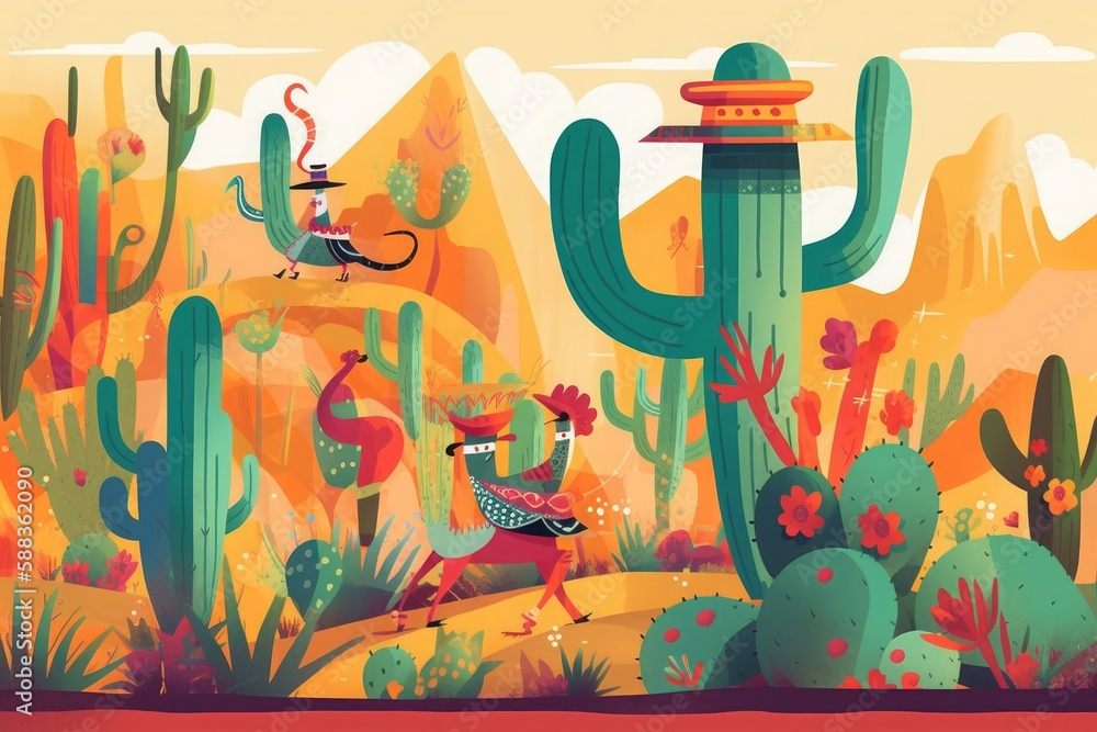 whimsical illustration of a desert landscape with cacti celebrating Cinco de Mayo created with Generative AI technology whimsical illustration of a desert landscape with cacti celebrating Cinco de Mayo created with Generative AI technology