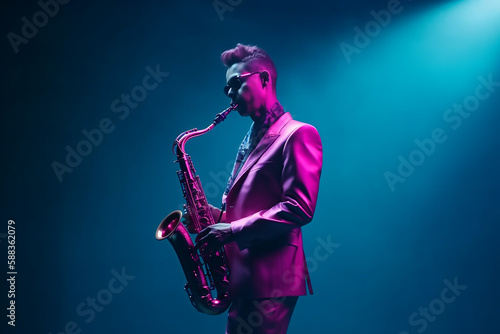 jazz musician man playing the saxophone on neon blue-pink light  background  Generative AI
