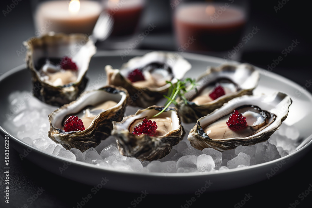 Oysters served with caviar in a luxury restaurant, closeup. Generative AI Oysters served with caviar in a luxury restaurant, closeup. Generative AI