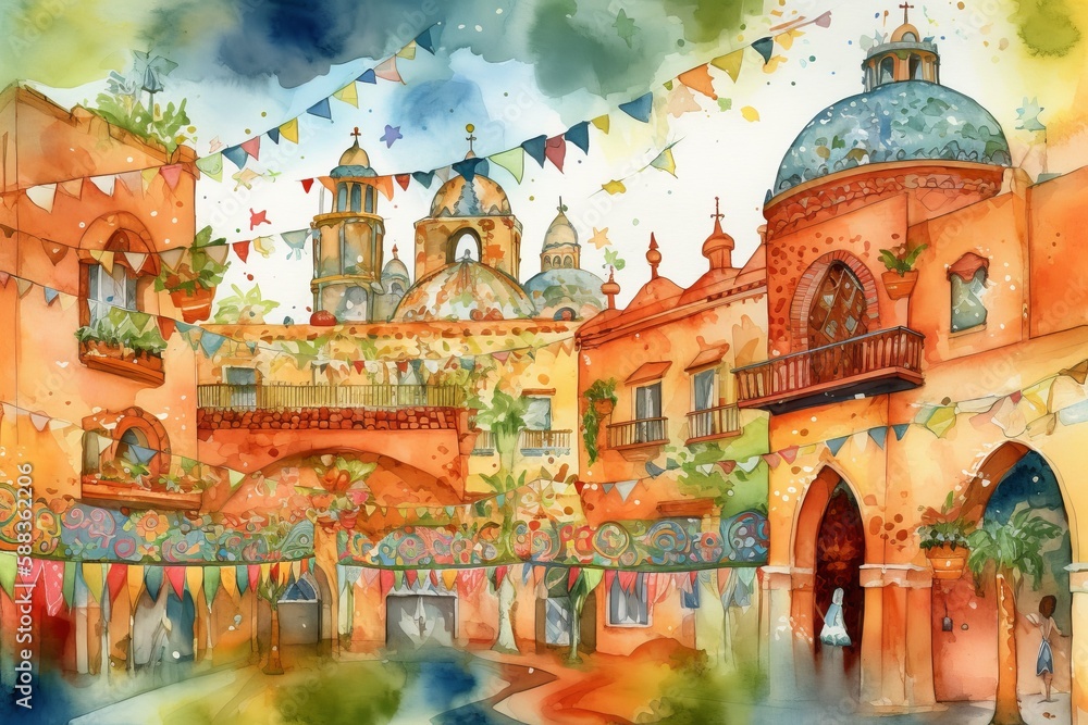 Fototapeta premium Cinco de Mayo celebration in a traditional Mexican town square created with Generative AI technology
