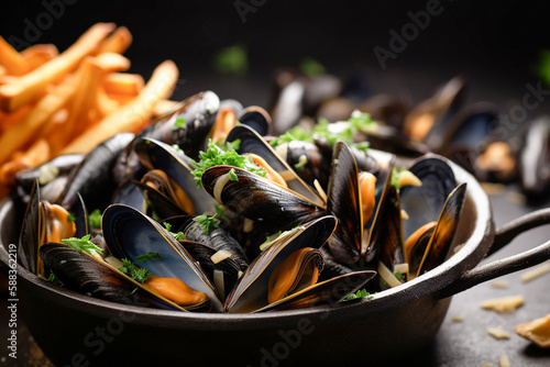 Mussels with french fries, closeup. Generative AI