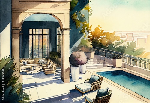 Watercolor Illustration of a Impressive Penthouse Terrace With A Swimming Pool Overlooking Paris. Generative AI