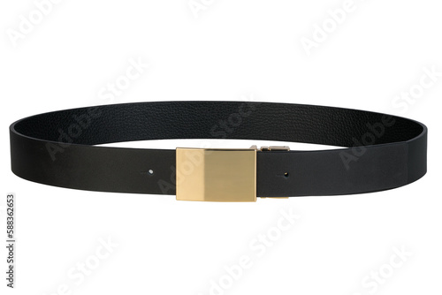 Obraz na plátně Coiled black fashion belt for men with gold buckle Isolated on a white background