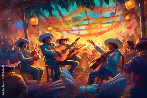 Cinco de Mayo mariachi band performing on an outdoor stage created with Generative AI technology