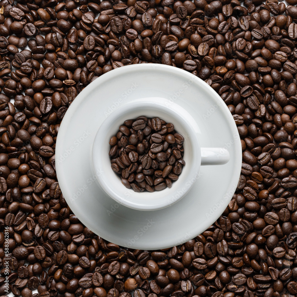 Espresso Coffee icon from Italy, top view background of coffee beans. Traditional White Marble Cup, with Shadow, focus on coffee beans – Detailed Close-Up Macro, High Resolution Espresso Coffee icon from Italy, top view background of coffee beans. Traditional White Marble Cup, with Shadow, focus on coffee beans – Detailed Close-Up Macro, High Resolution