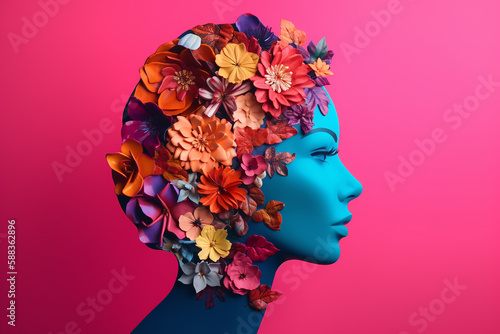 woman is decorate her head by colorful flower on pink background , Generative AI © Nitcharee