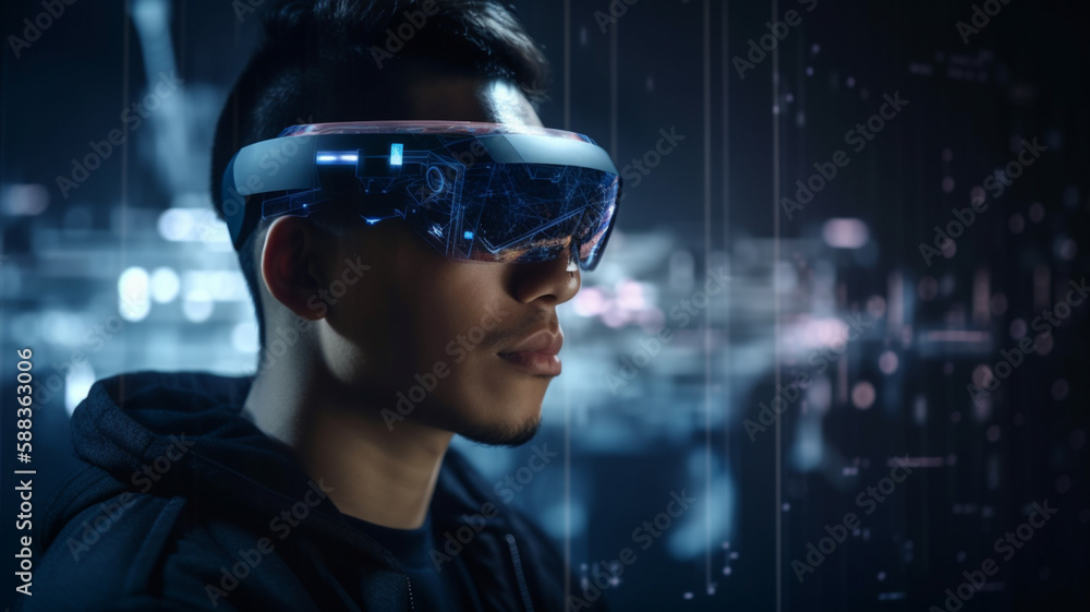 Smart Man wear AR glasses raise hand in Metaverse Virtual World , Generative AI Smart Man wear AR glasses raise hand in Metaverse Virtual World , Generative AI