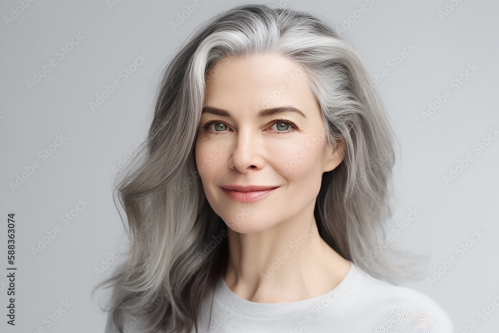 Naklejka premium Portrait of 50 years old Beautiful Woman with Clean Fresh Skin Bridal makeup look, wellness , wrinkle skincare and beauty , Generative AI